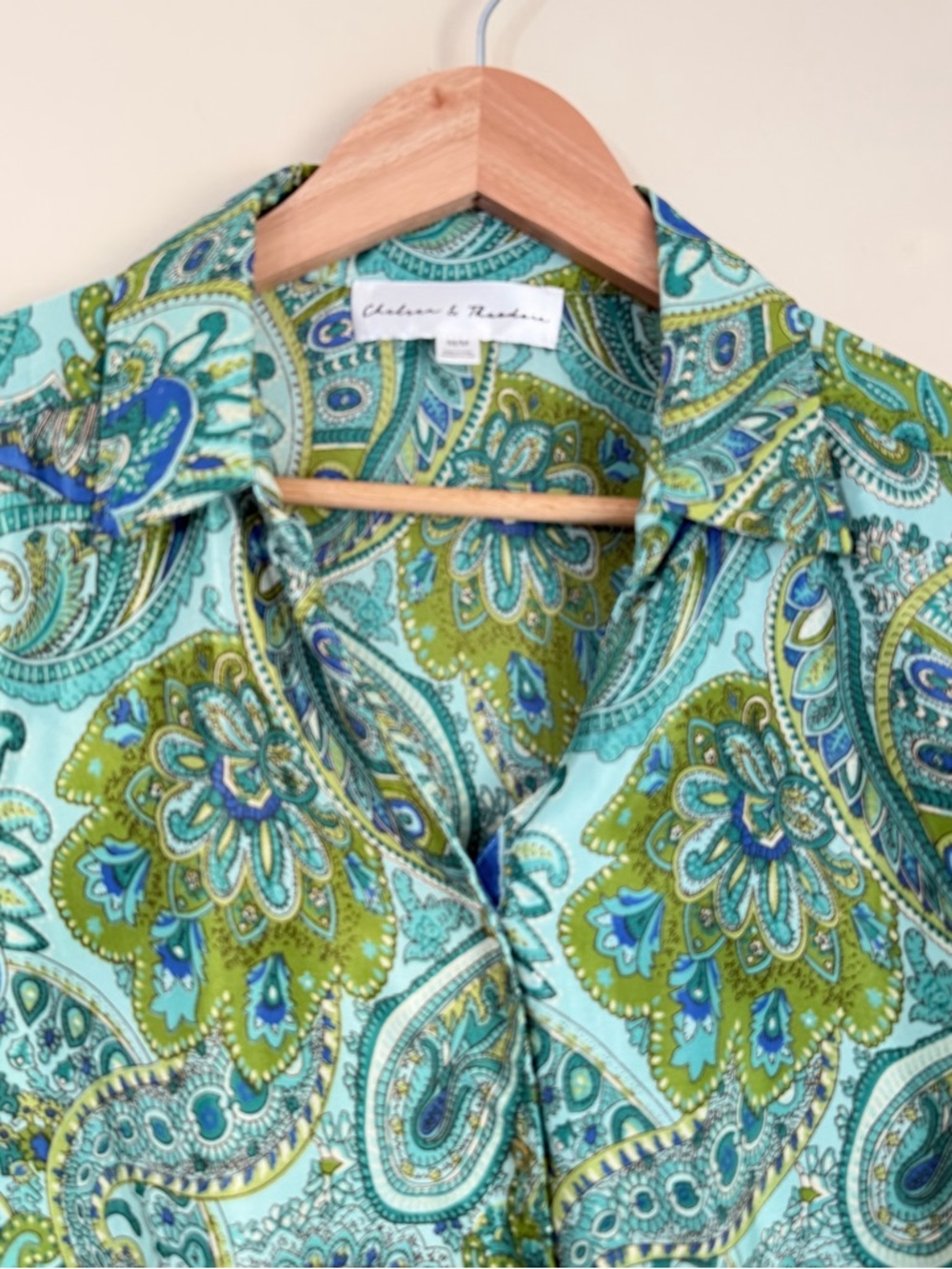 Chelsea & Theodore Green Paisley Tie-Front Blouse - Picture 7 of 14